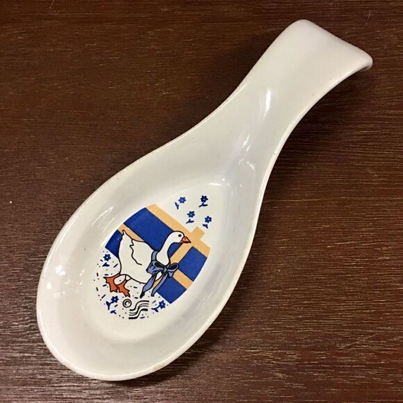 1980’s Country Blue Ribbon Goose Duck Ceramic Spoon Rest - Picture 1 of 16